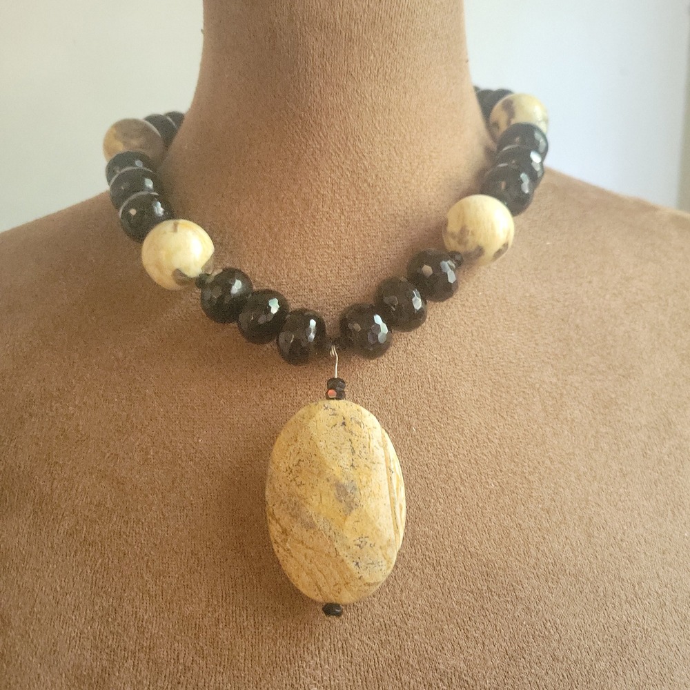 Natural Jasper Onyx Beaded Statement Necklace 18 Inch Toggle Clasp Earthcore